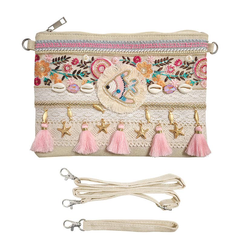 POCHETTE DE PLAGE BOHO-CHIC AVEC POISSON ET DÉTAILS ROSES