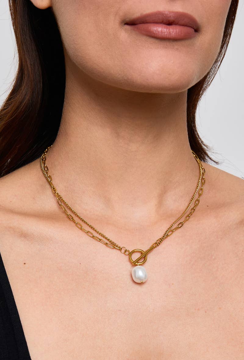 Collier double chaînes avec perle 224YC02