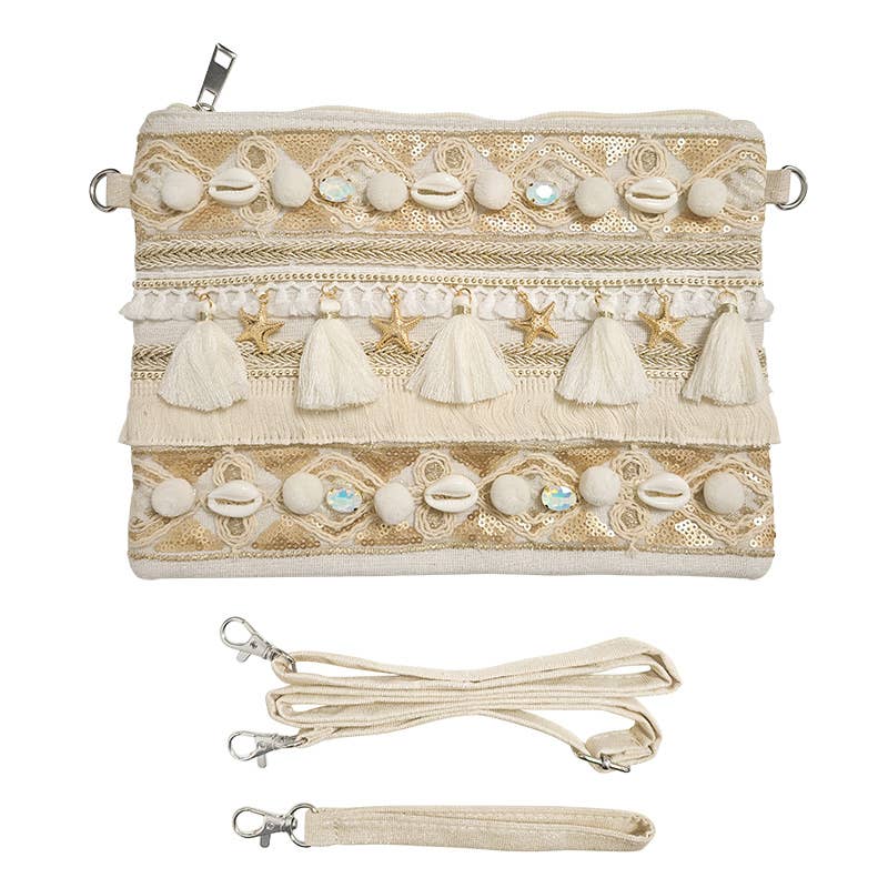 POCHETTE DE PLAGE BOHO-CHIC AVEC COQUILLAGES ET ÉTOILES DE MER