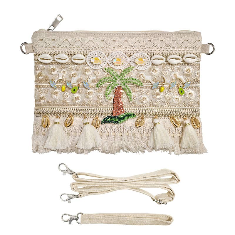 POCHETTE DE PLAGE BOHO-CHIC TROPICALE AVEC PALMIER ET COQUILLAGES