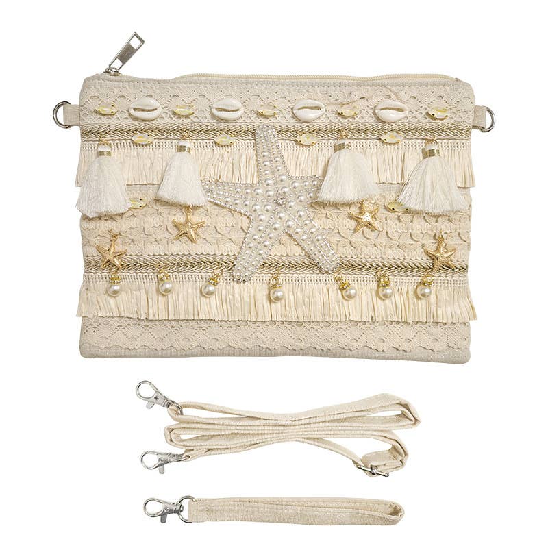 Pochette de plage bohème-chic avec perles et étoiles de mer
