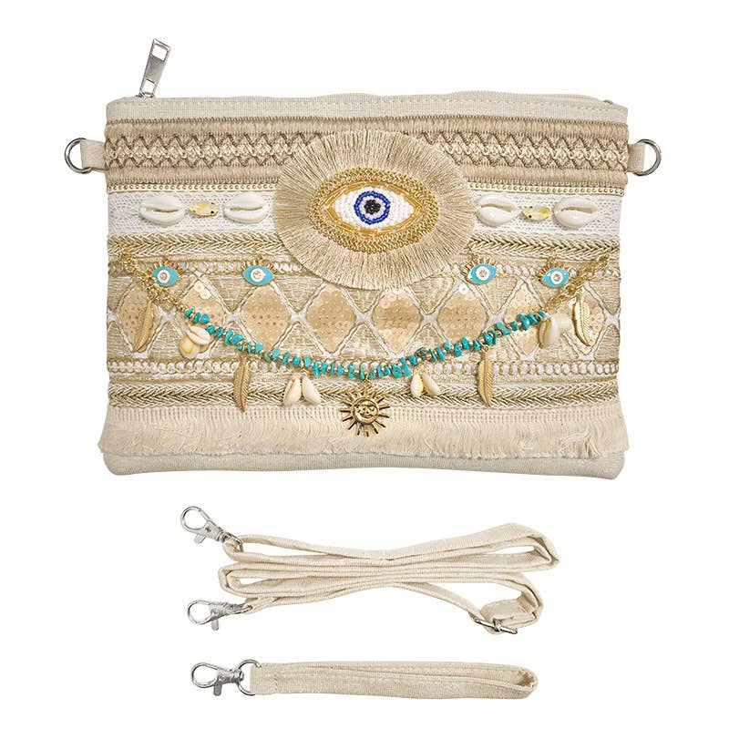 Pochette de plage boho-chic avec œil porte-bonheur et coquillages